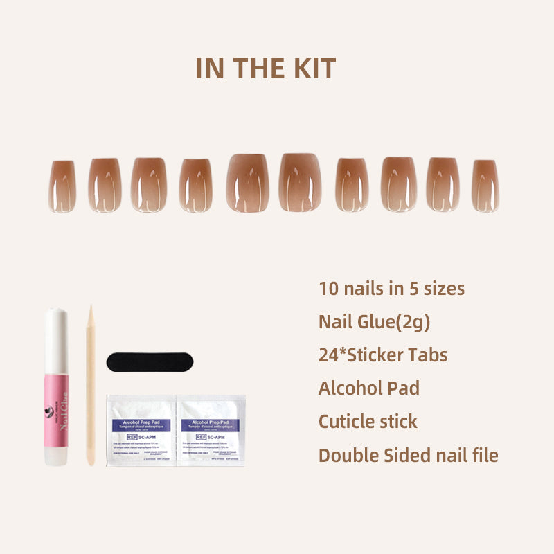 Press On Nails|Latté|Semi-Transparent Short Coffin Nails, Reusable | 5 Sizes - 10 Nail Kit